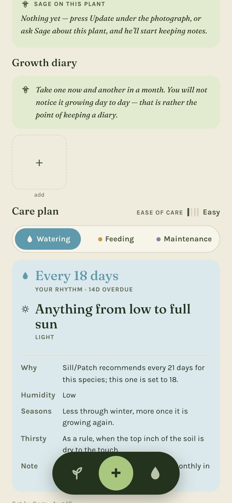 One plant on a phone — water, feed and look-over